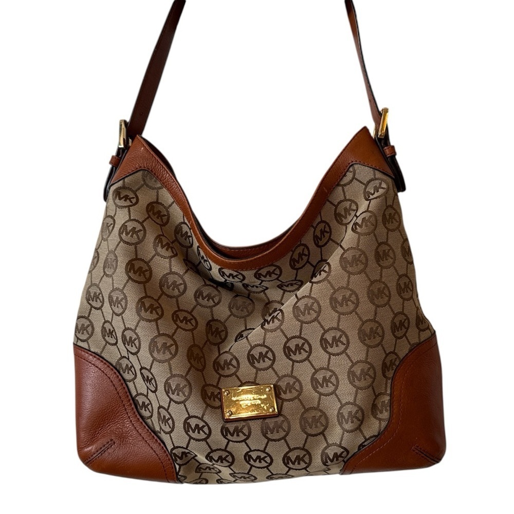 Michael Kors Signature Brown Tan Hobo Bag Slouchy purse gold MK designer tote